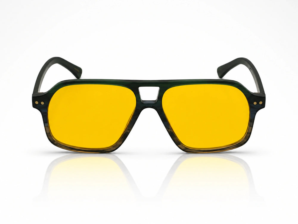 Lunettes aviateur Nath acétate marron bleu vert — verres jaune ambré Tala Studio